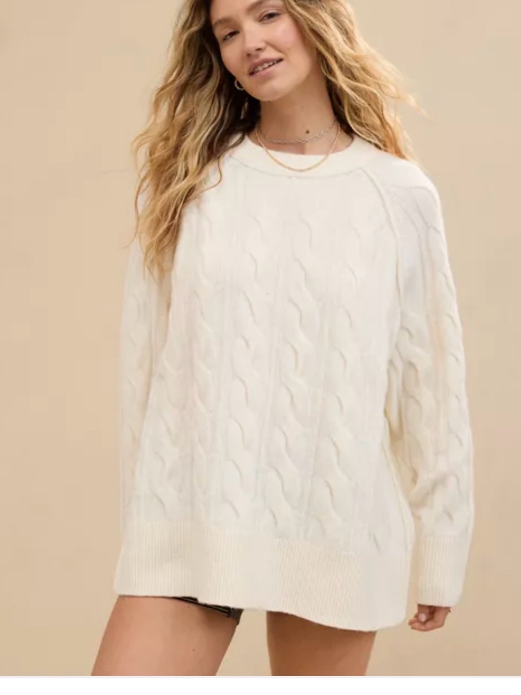 Aerie Unreal Cable-Knit Crewneck Sweater In Cream, Size S-Fits Like Oversized M